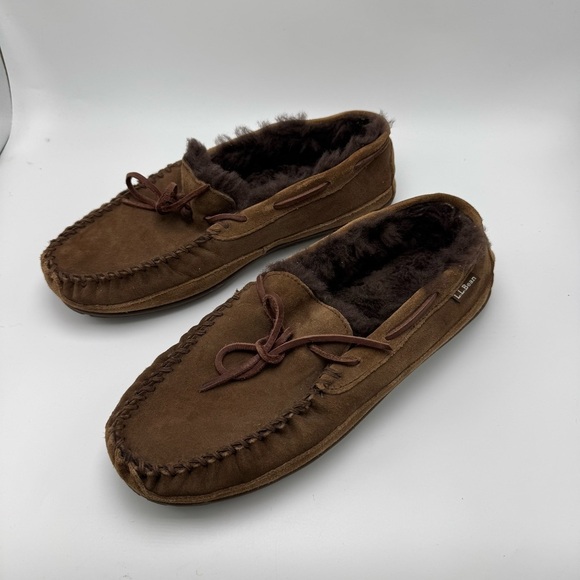L.L. Bean Wicked Good Moccasins Men’s Size 11 Chocolate Brown Suede Shearling - Picture 2 of 6